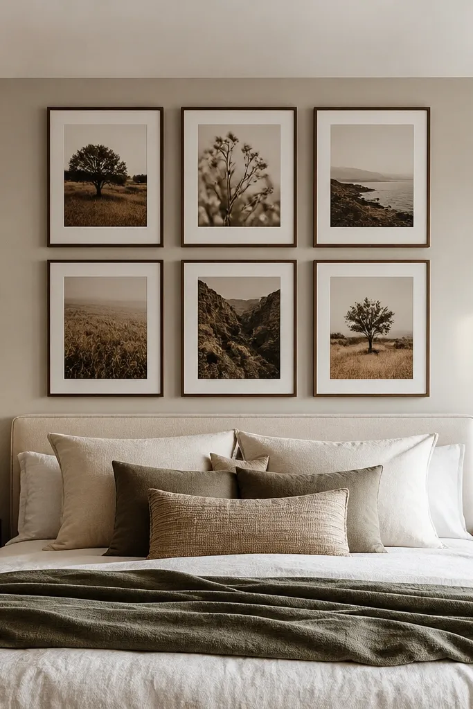 Three-by-two framed prints arranged behind bed centered and aligned