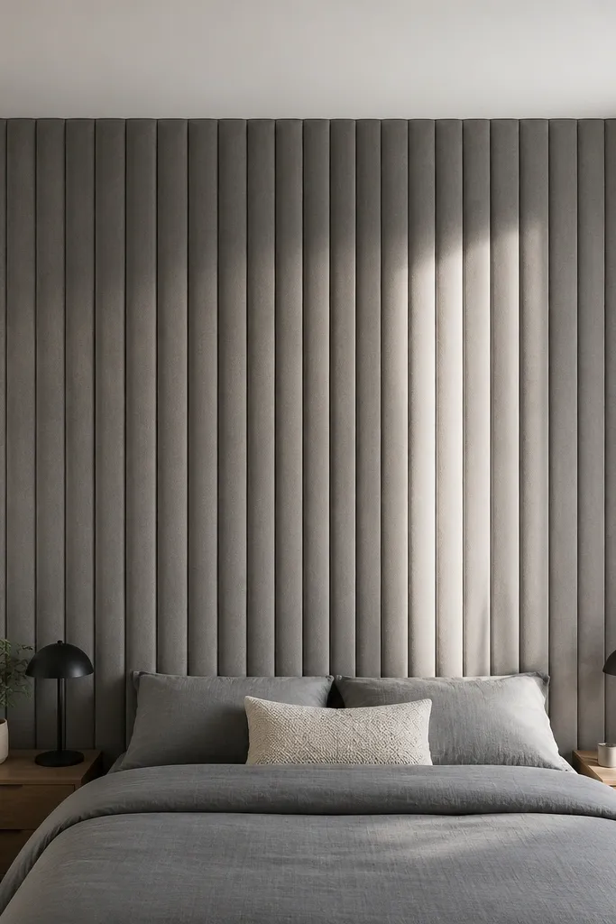 Removable foam wall panel striping behind bed creating a headboard area