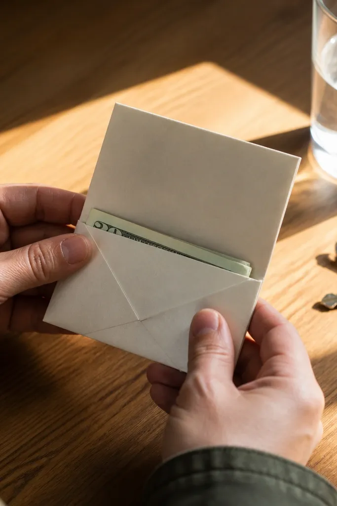 Folded cash shaped like a small envelope with a front flap