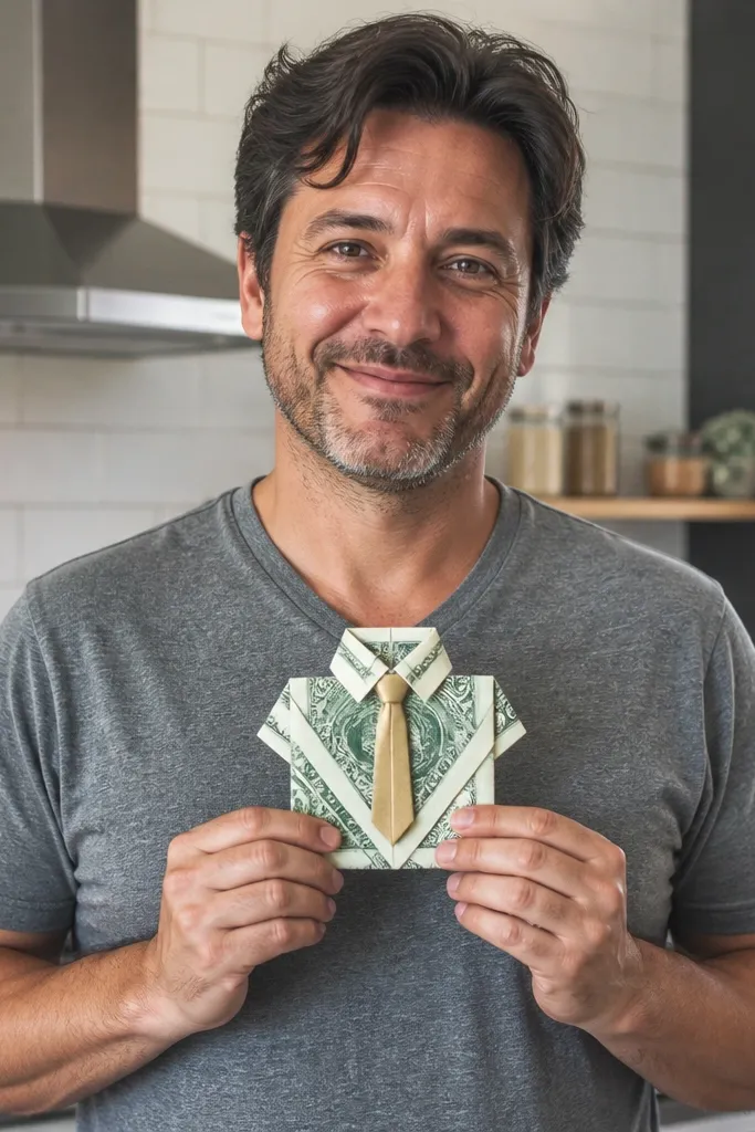 A folded bill shaped like a shirt with a small tie on the front