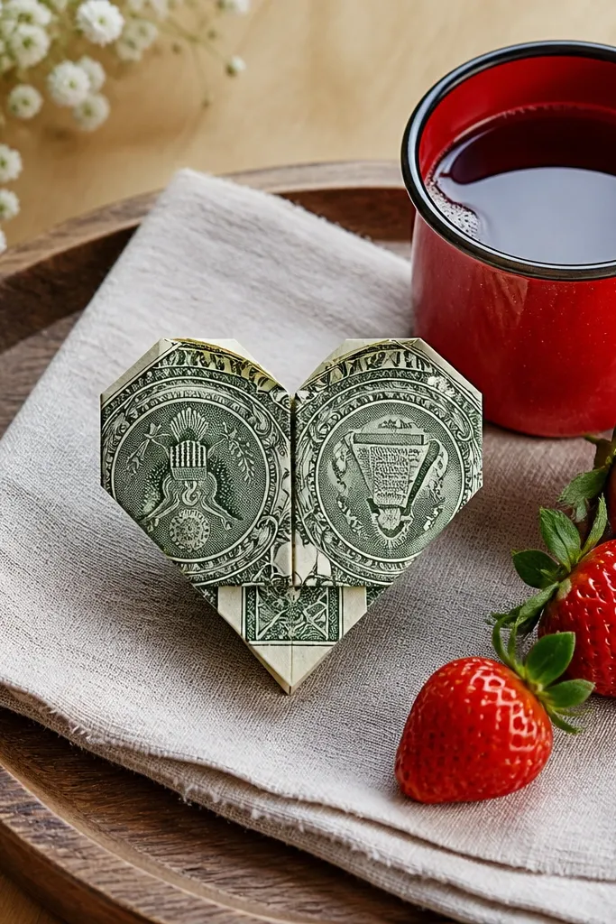 A folded heart made from cash with a small tuck closure at the bottom