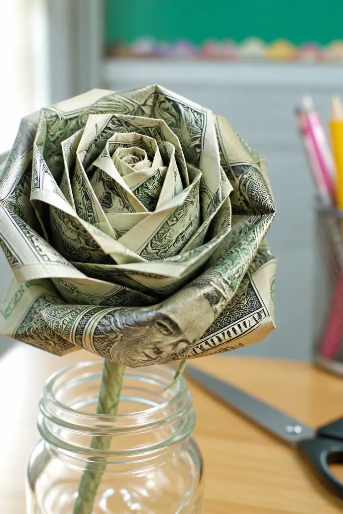 A rose shape made from folded cash with curled petal edges