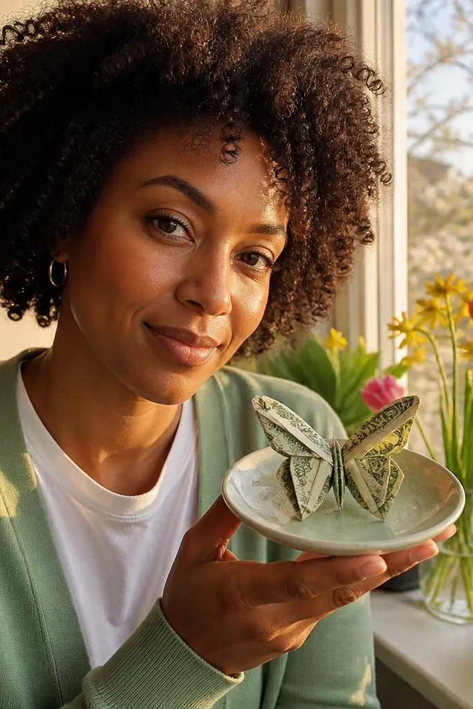 A cash butterfly with two folded wings and a small body crease