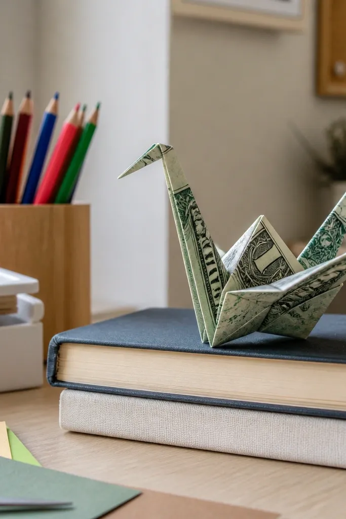 A simple crane made from folded cash with wing tips