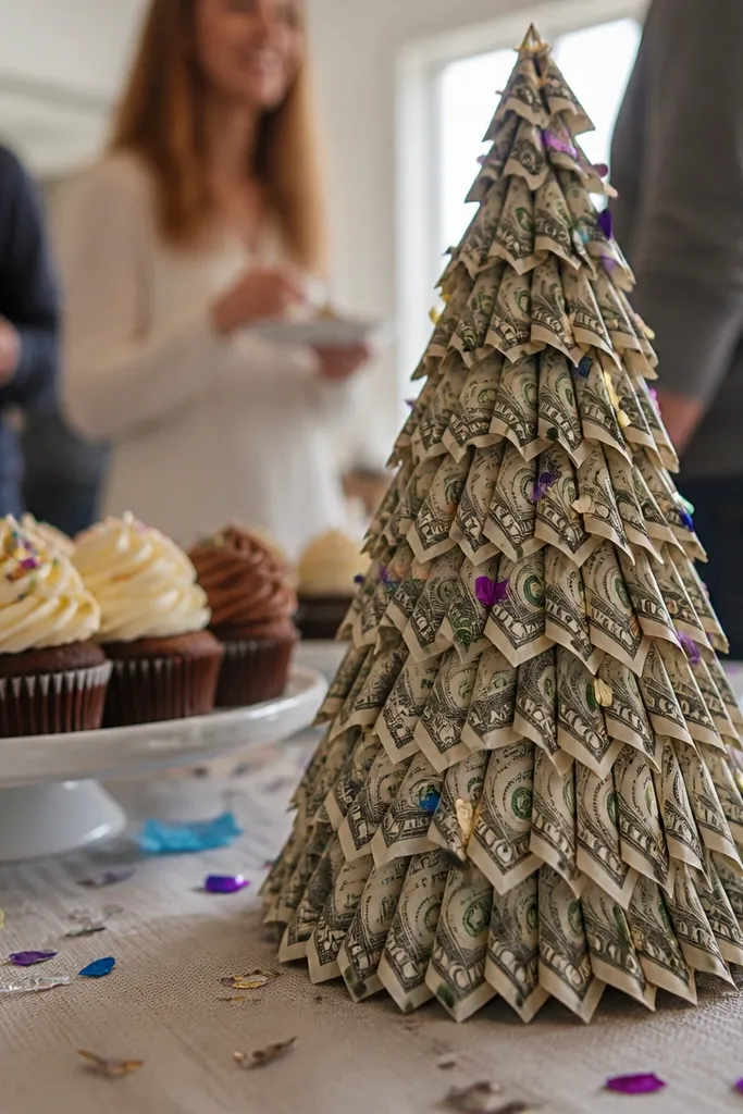 A cone folded from cash with a flared top and tiny paper accents
