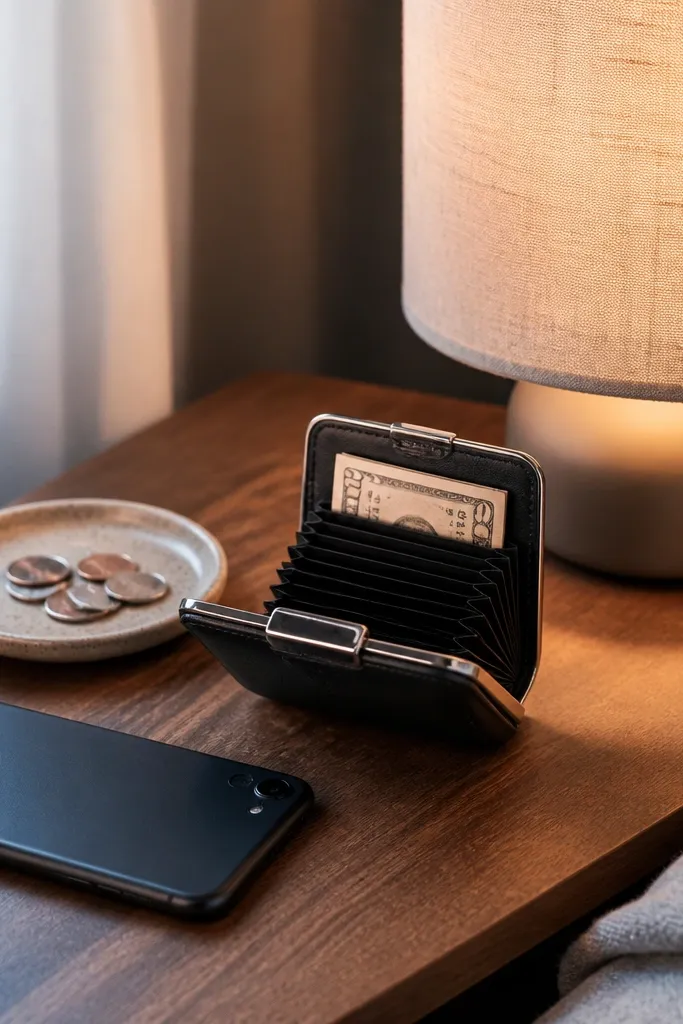 A small accordion-fold cash wallet with a front flap