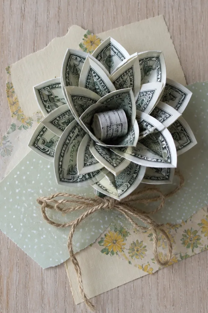 A cash flower with multiple tucked petals and a center pocket