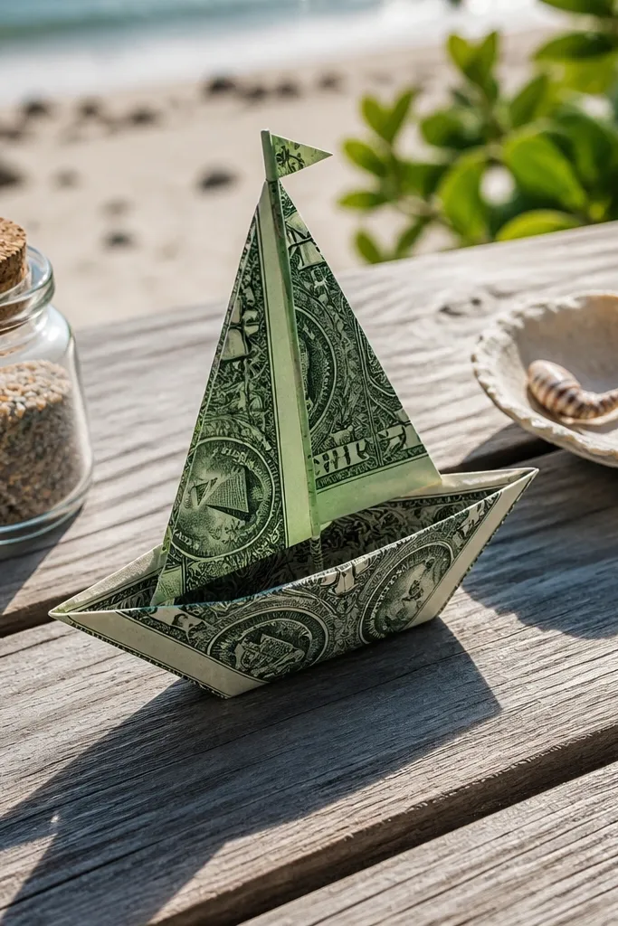 A small sailboat made from folded cash with a paper flag