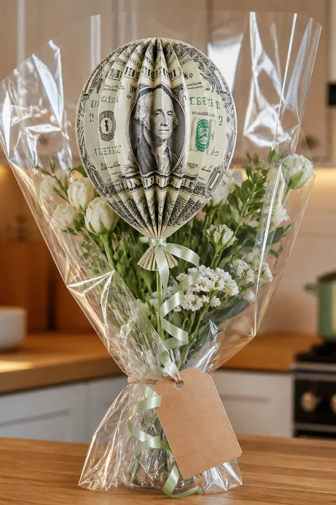 A cash balloon shape with a twisted neck and a ribbon tail