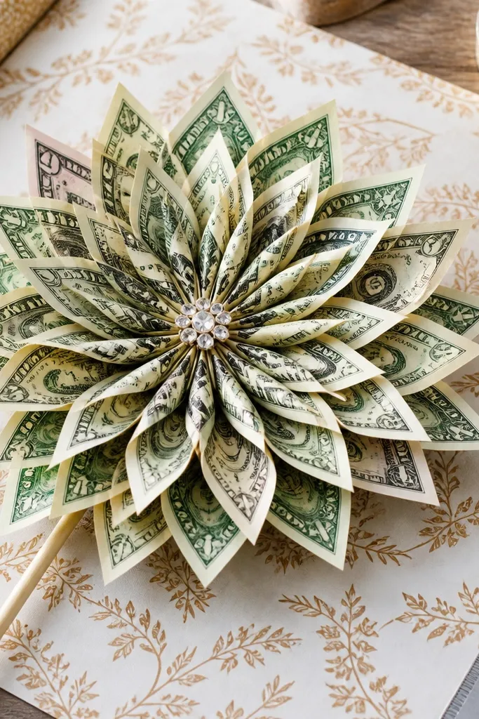 A starburst flower made from folded money with layered points