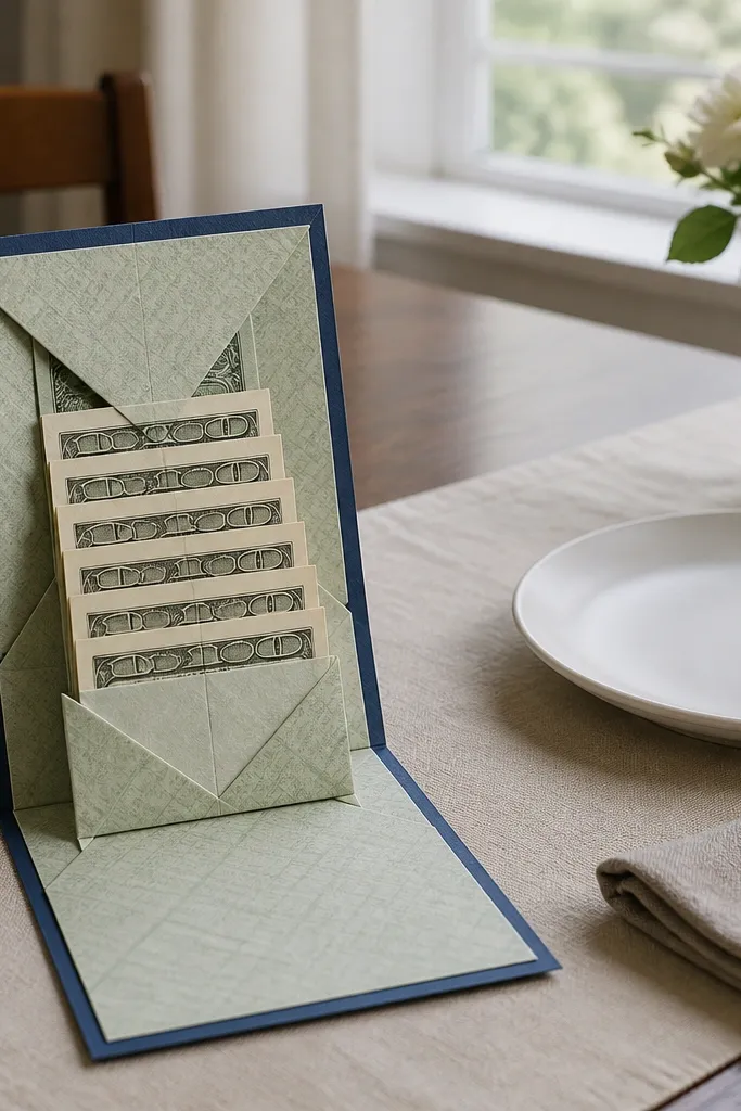 A money gift fold that opens like a waterfall with stacked pockets