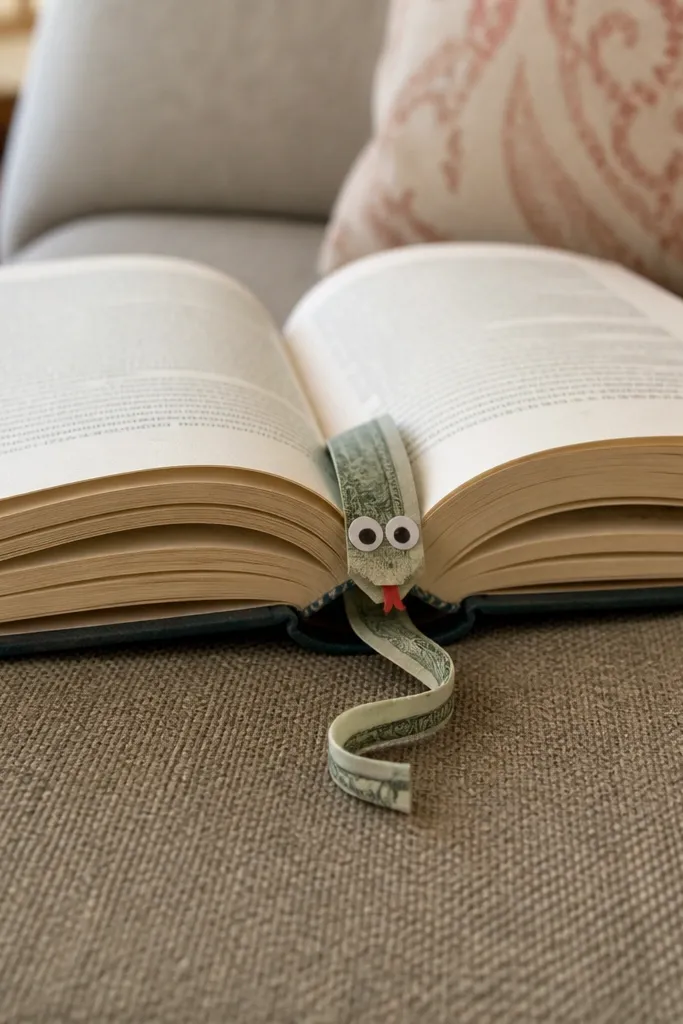 A cash bookmark shaped like a bookworm with a curled tail