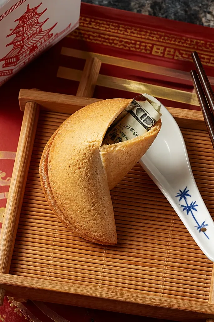 A fortune cookie shape made from folded cash with a folded top flap