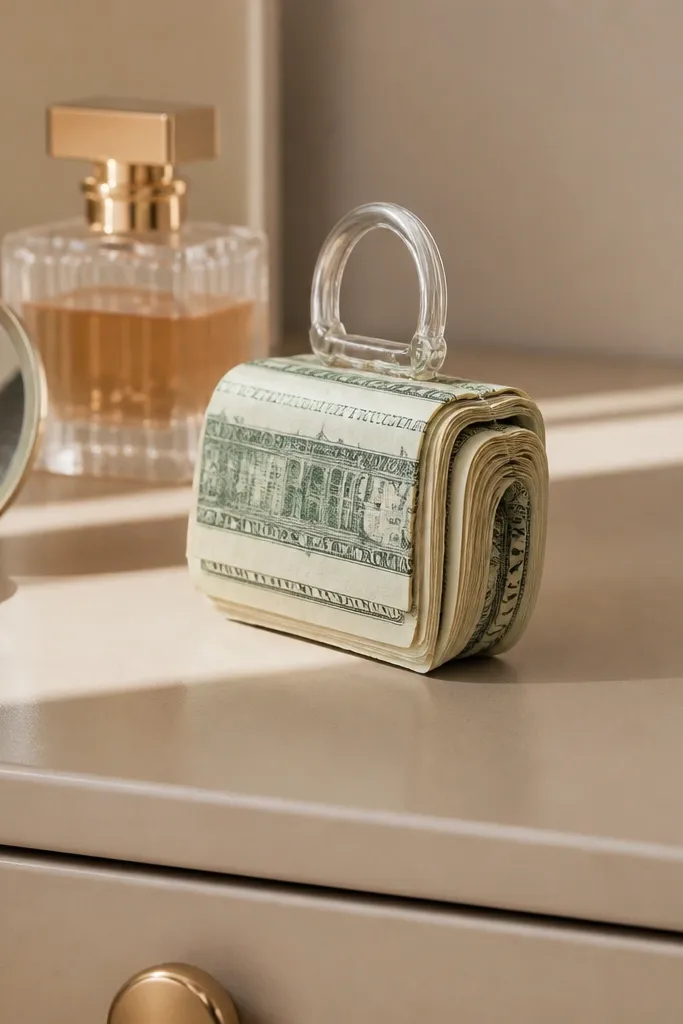 A small cash purse with a folded handle loop on top