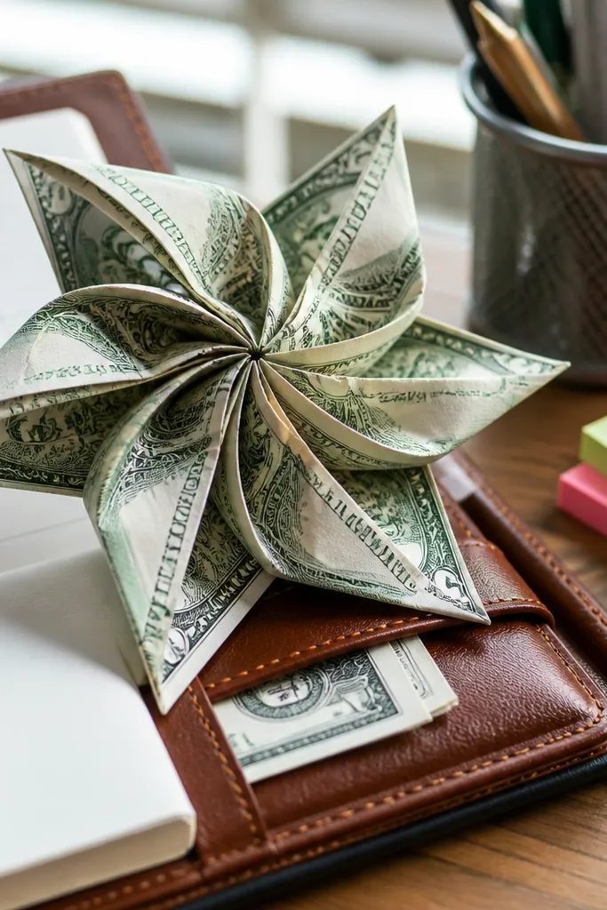 A folded cash pinwheel flower with spinning-like petals