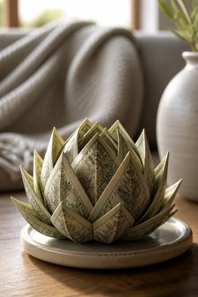 A lotus bud shape made from folded cash with stacked petal layers
