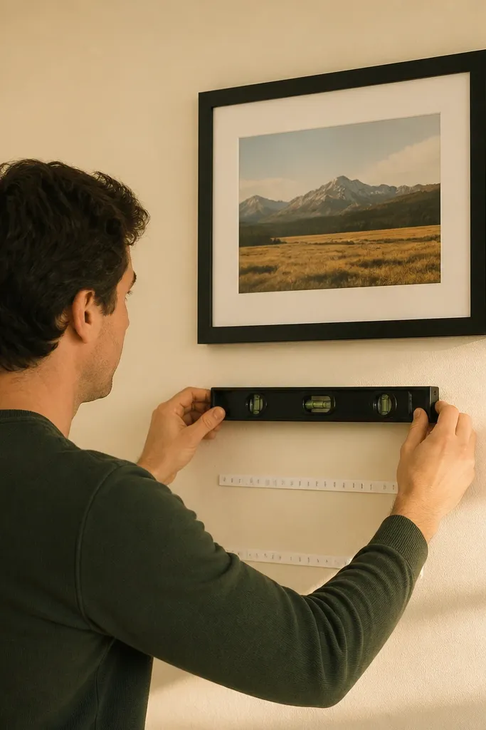 Painter's tape marks a level line and hanging points on a wall