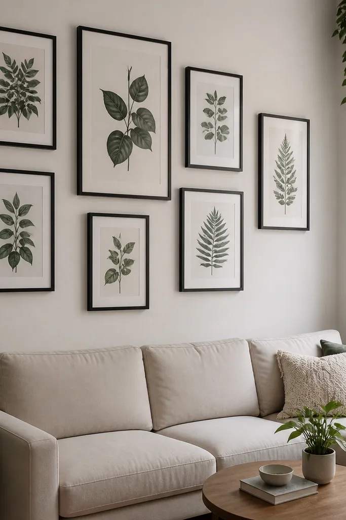 Multiple small prints hung in staggered rows with consistent gaps