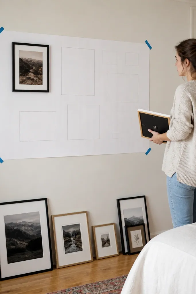 Paper template taped to the wall showing frame outline and dots for hang points
