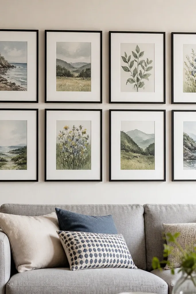 Frames with matching mats and consistent border widths around artwork