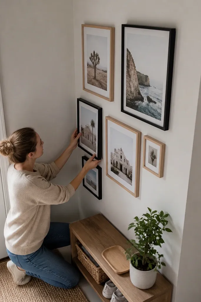 Gallery wall arranged along a wall edge with straight vertical alignment guides