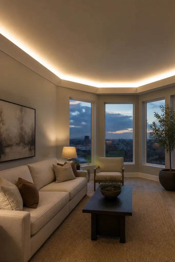 Ceiling cove edge with a gentle white light glow around the room