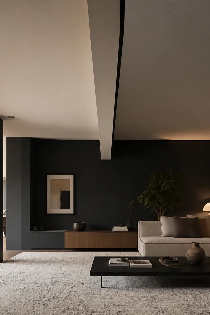 One bold ceiling beam running diagonally toward the center with a shadow line