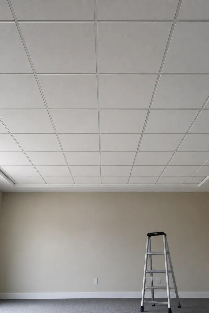 Ceiling grid of square panels with a thin dark border around the edges