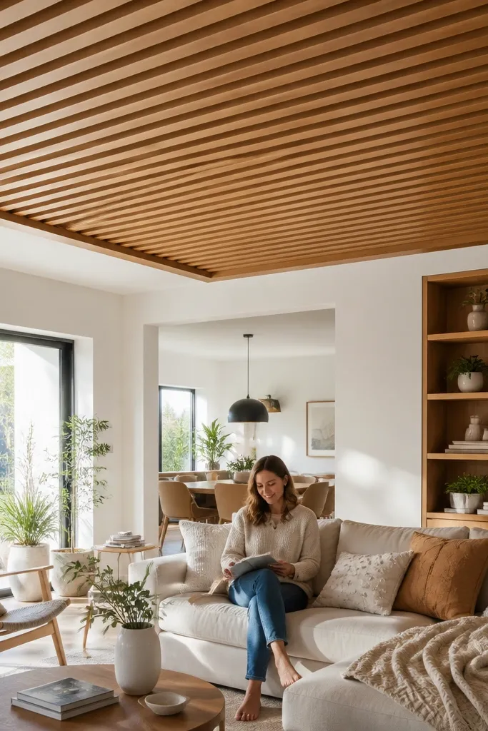 Ceiling floating slats in white with warm wood trim lines