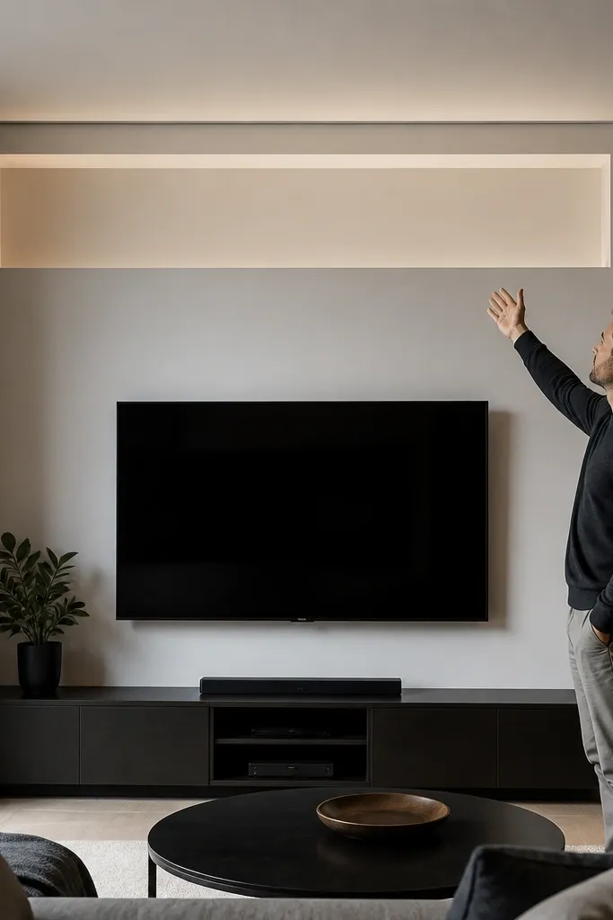Ceiling recess shaped like a shallow shelf above the TV wall
