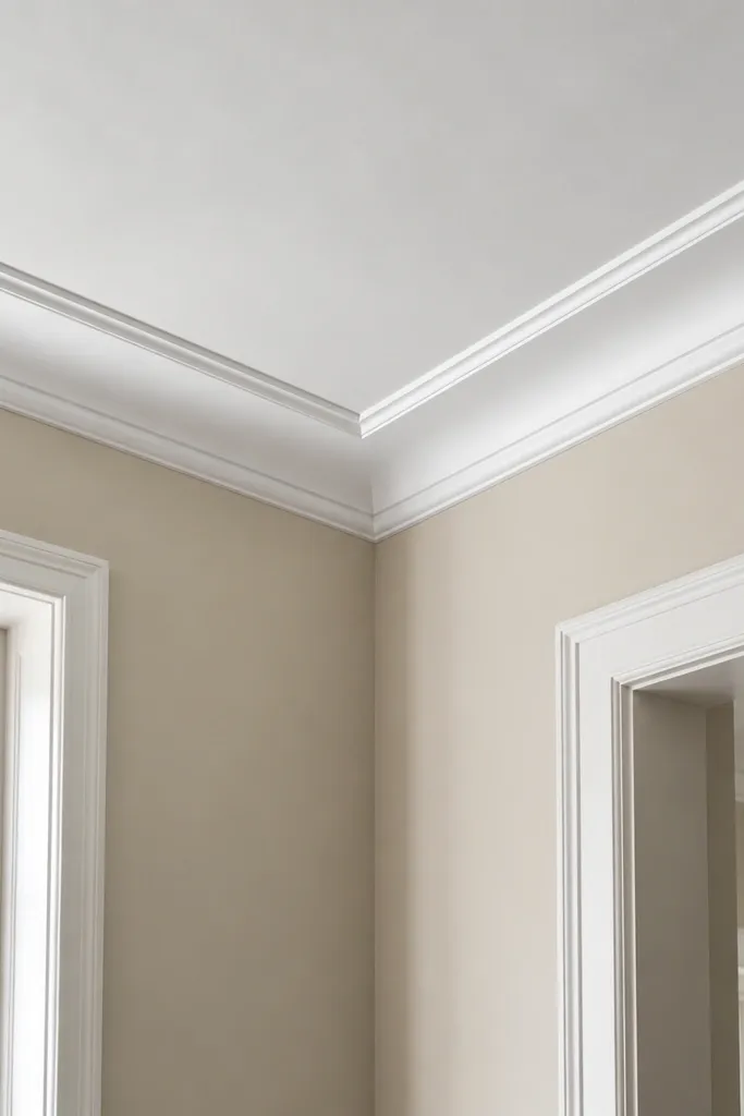 White crown molding style ceiling border with a thin darker bevel line