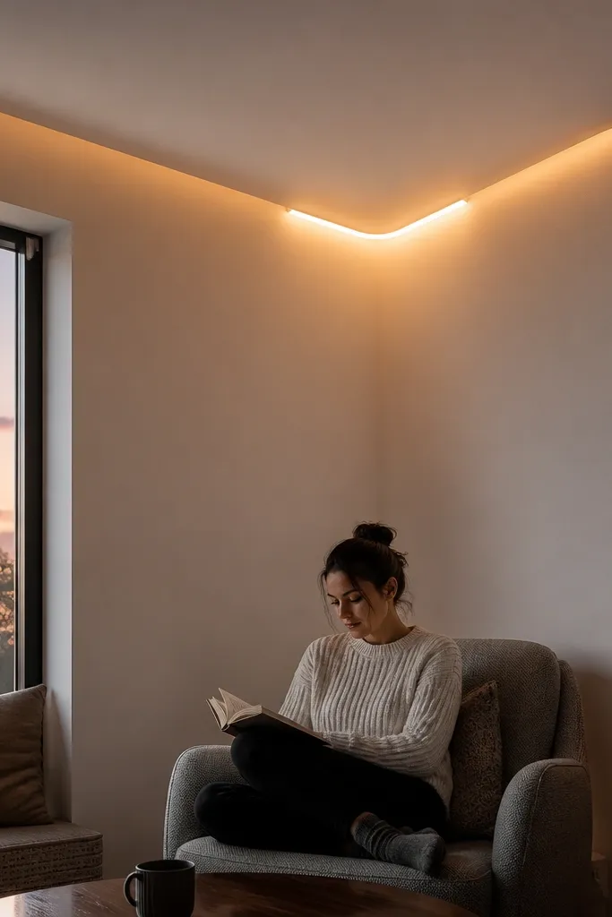 Soft quarter-circle ceiling corner cove with a narrow glow