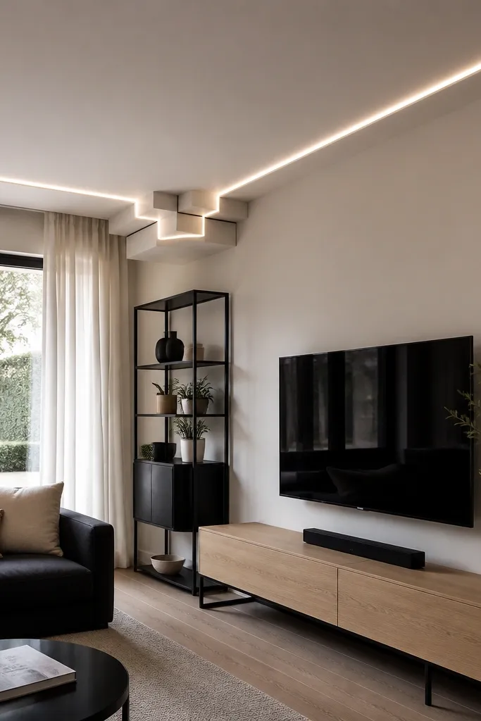 Ceiling corners have stepped geometric boxes with slim LED lines