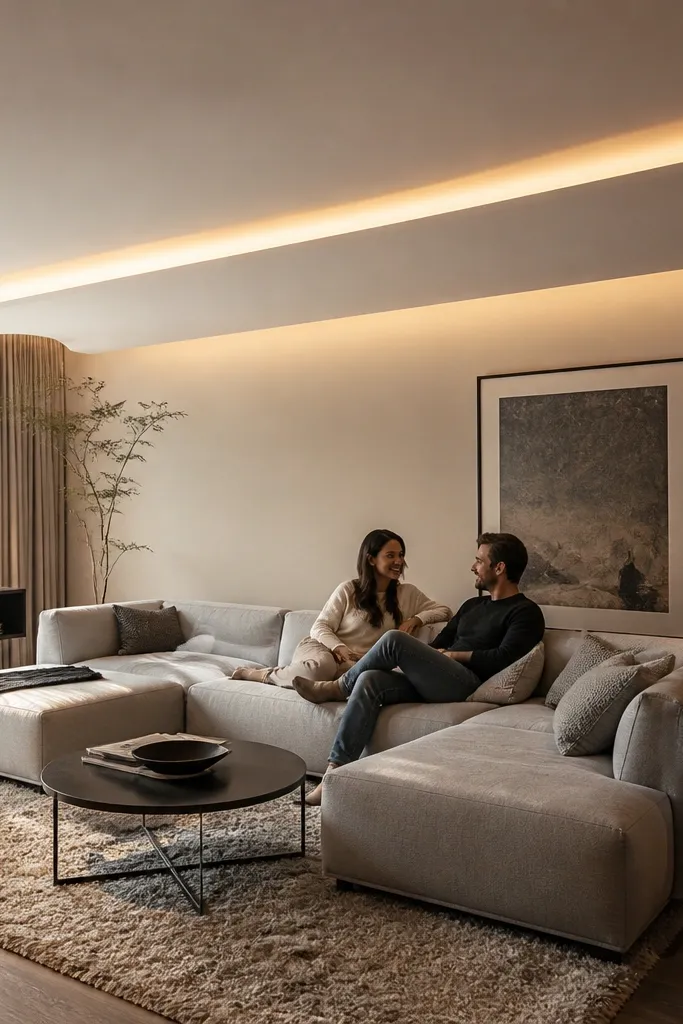 Long ribbon-like lowered ceiling strip running above the seating area