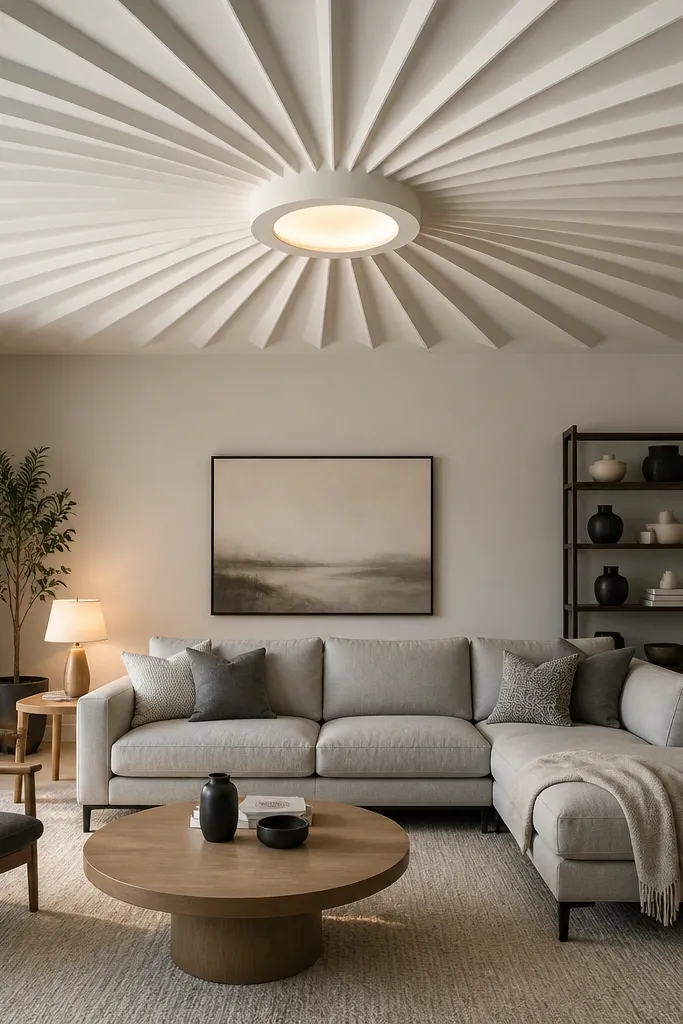 Radiating starburst pattern panel above a circular ceiling light area