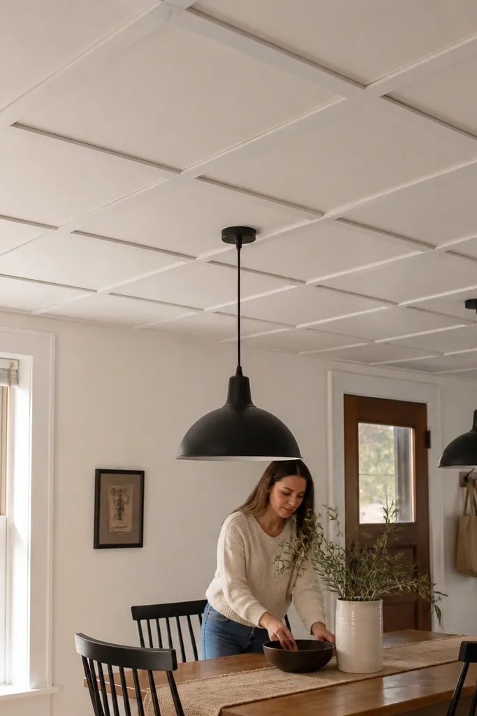 Ceiling lattice grid with white panels inside each square