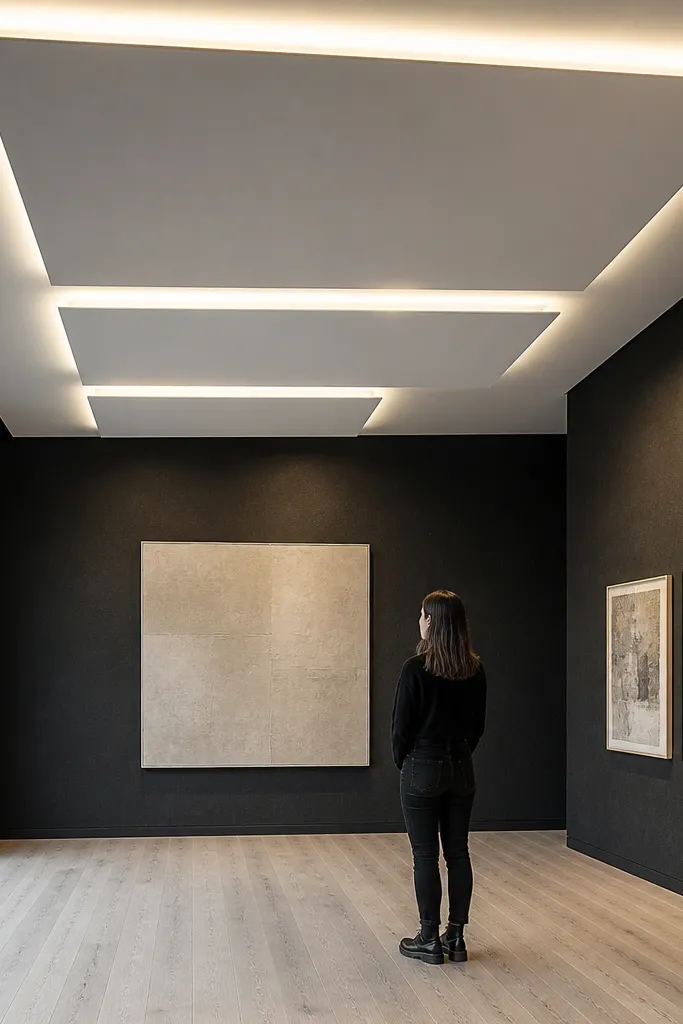 Two floating rectangle recesses with small corner LED glow points