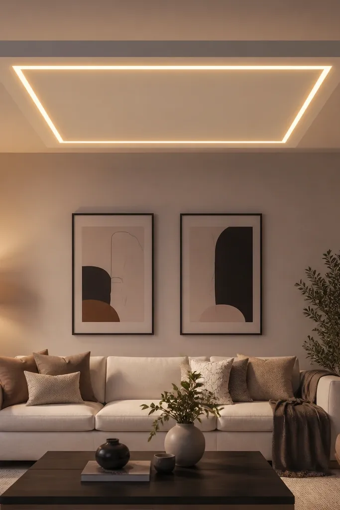 Small centered ceiling drop with a thin LED line around it