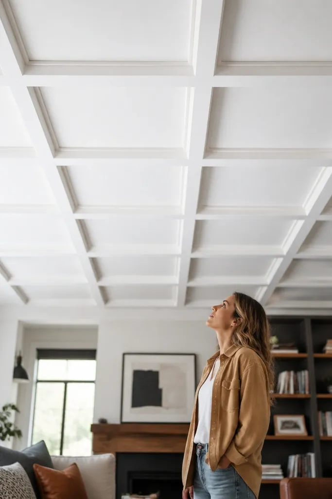Coffered ceiling with narrow beaded borders forming small squares