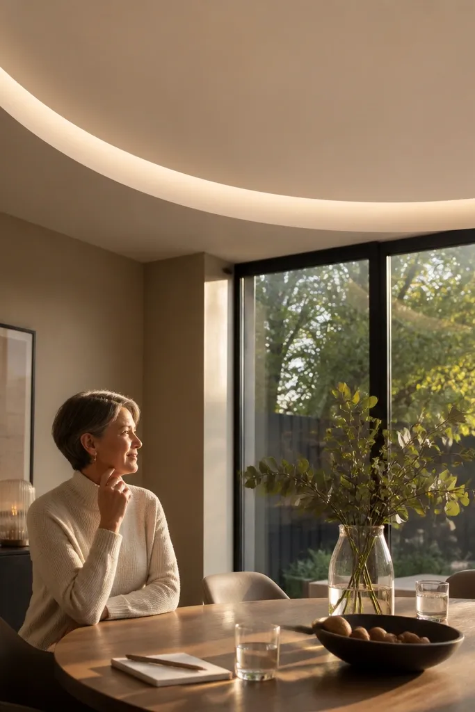 Half-moon recessed ceiling channel with soft LED glow