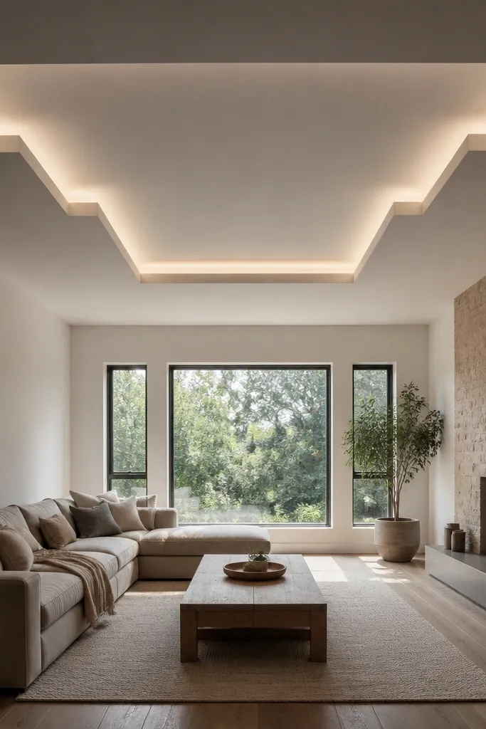 Stair-step ceiling drop with a single recessed LED line