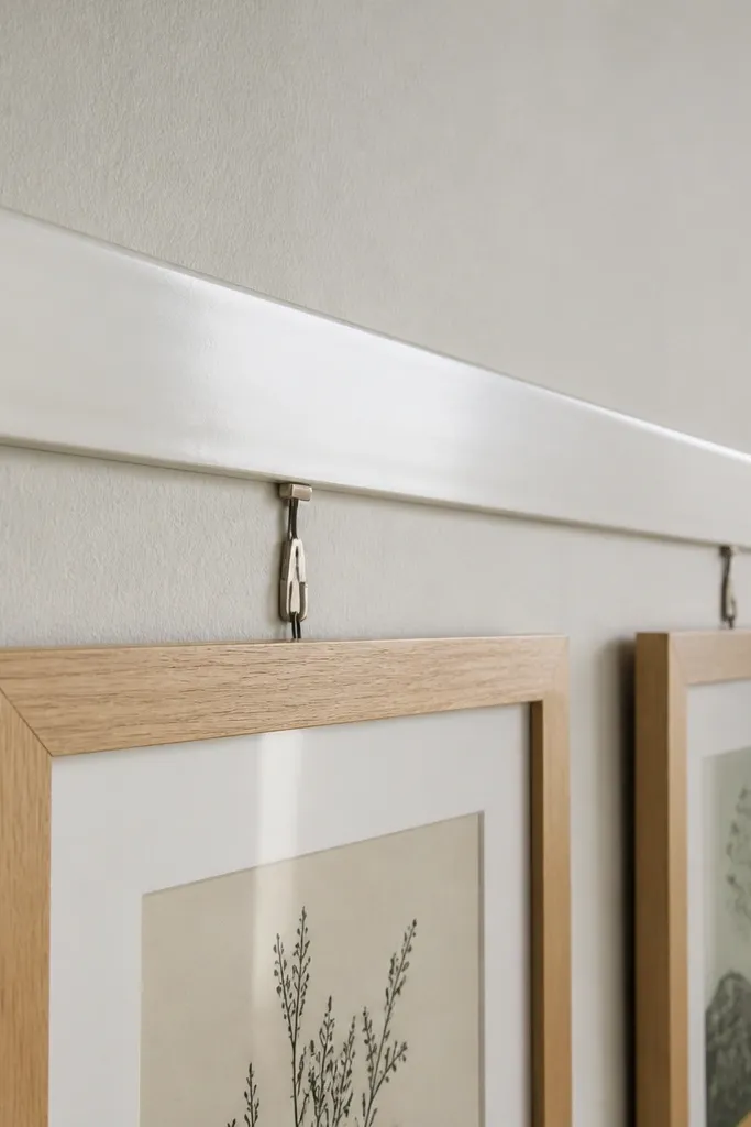 White PVC picture rail band with a thin shadow line on a light wall