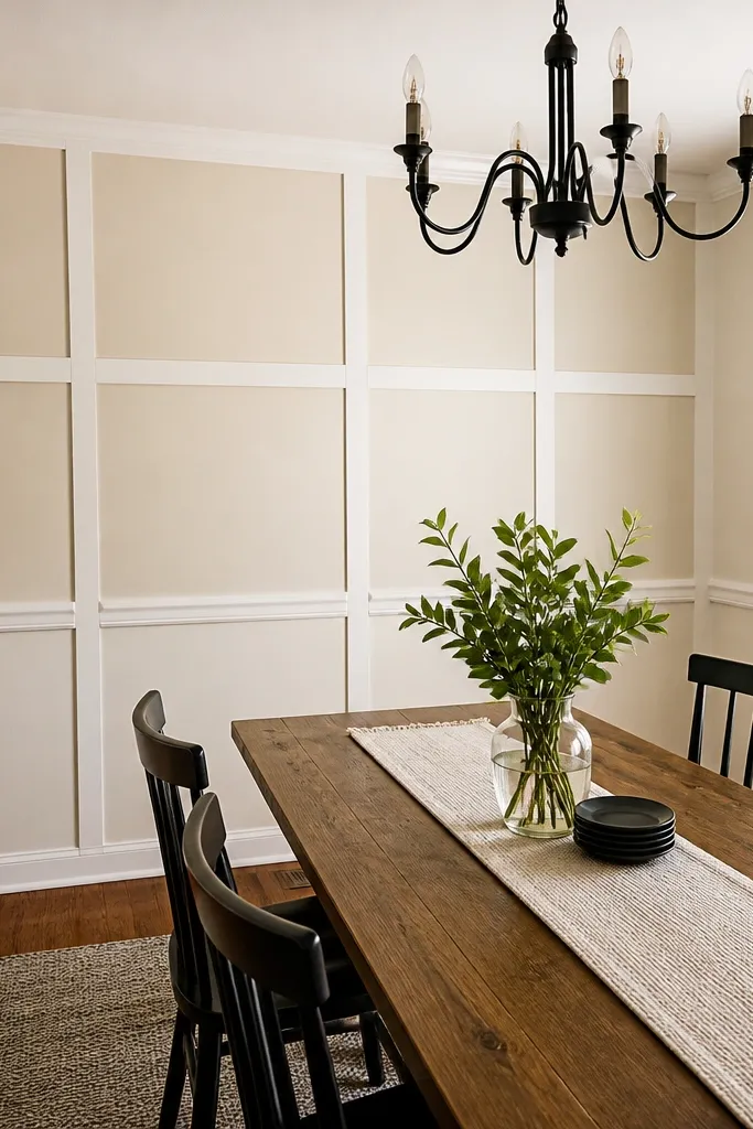 White PVC chair-rail trim creating a 3x3 panel grid on a beige wall