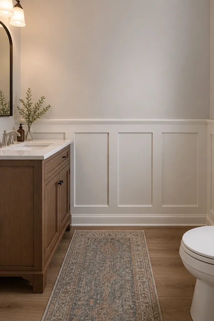 White PVC wainscot panels on the bottom half of a wall with a clean horizontal rail