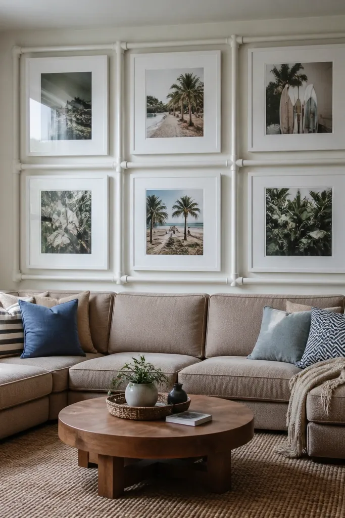 White PVC framed rectangles arranged like a gallery behind a sofa