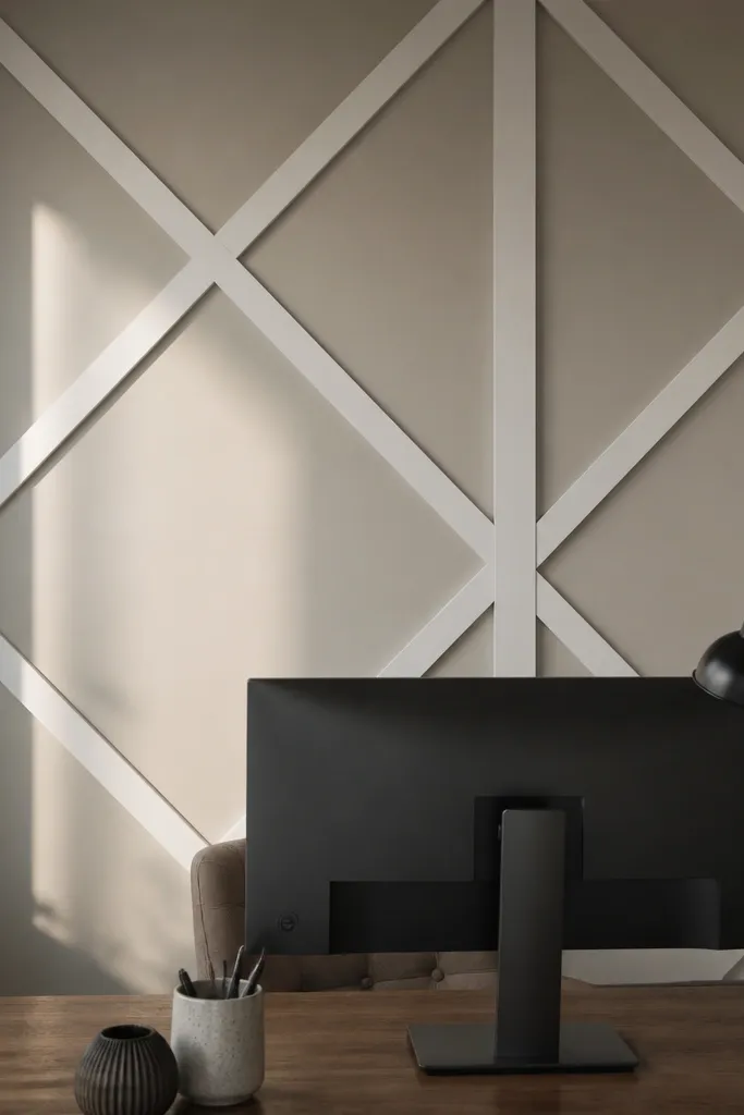 White PVC geometric cross panels with thin borders on a neutral wall