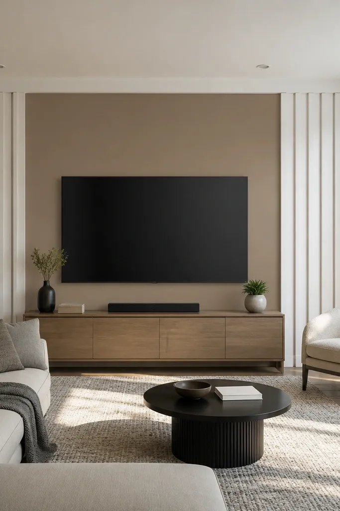White PVC tall narrow vertical panel columns around a TV area