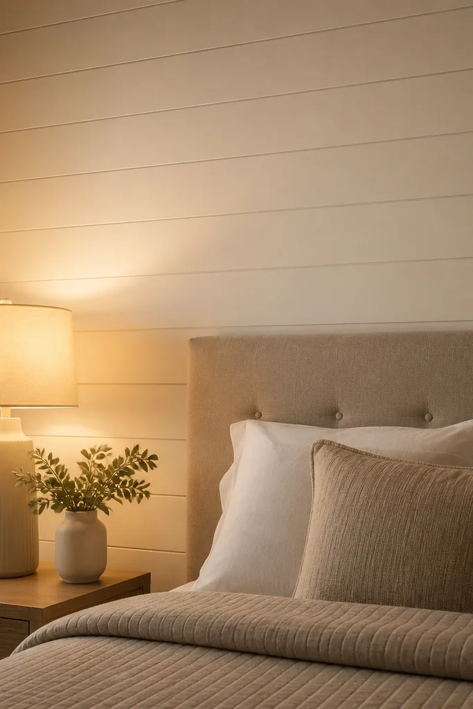 White PVC shiplap-look horizontal rows on a wall with clean grooves