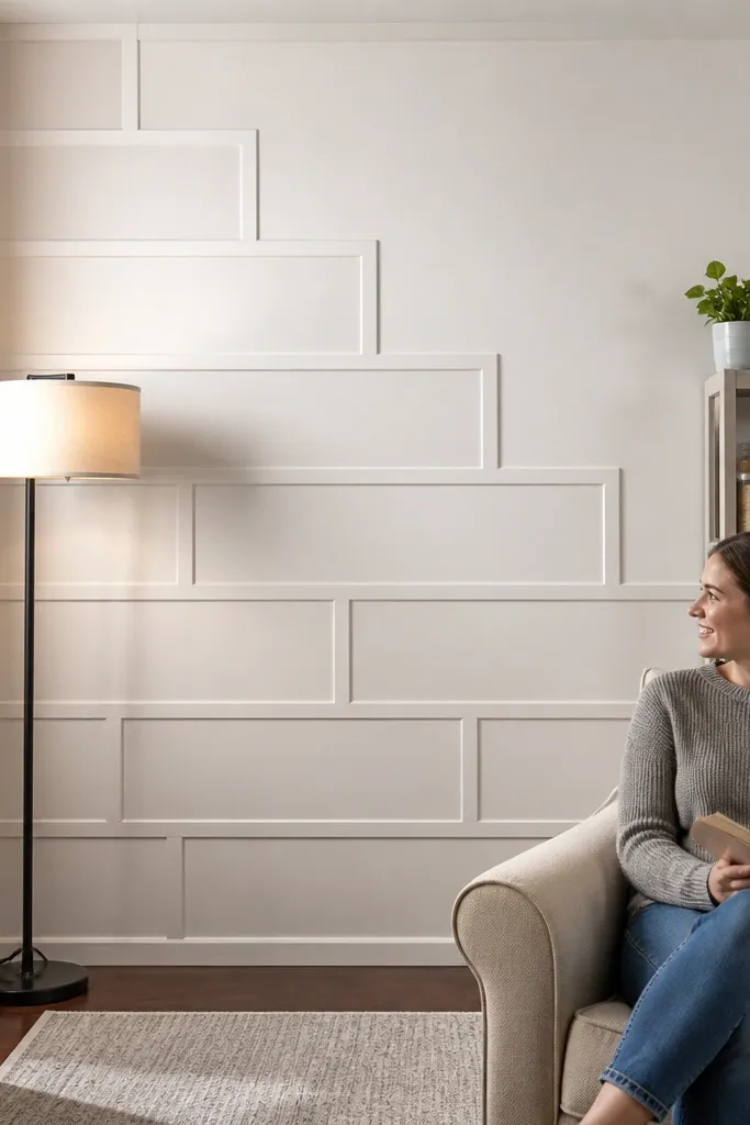 White PVC staircase pattern of rectangular panels on a wall
