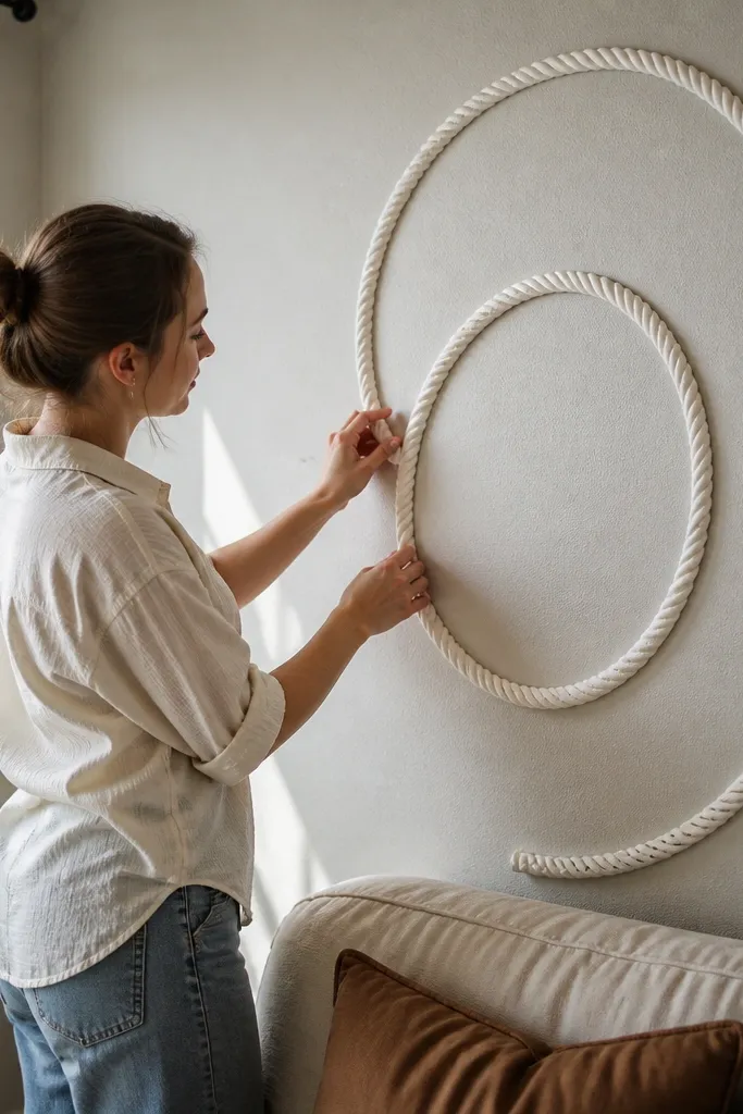White PVC rope-pattern trim forms two rounded loops on a gray wall